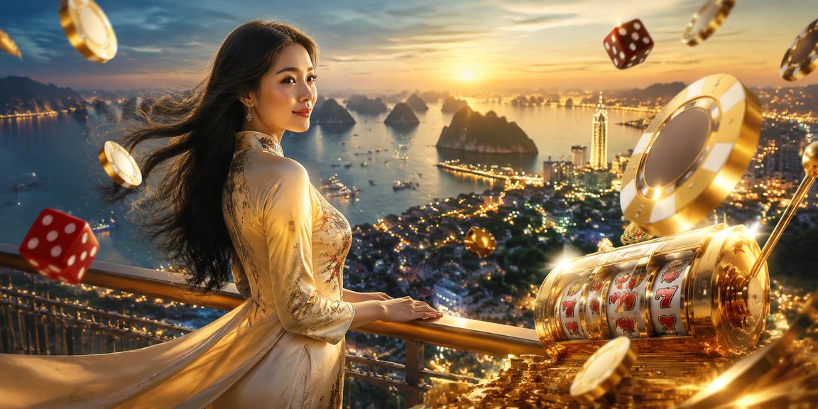 Cảnh vịnh Hạ Long với hình ảnh người chơi casino mặc áo dài trải nghiệm nền tảng cá cược