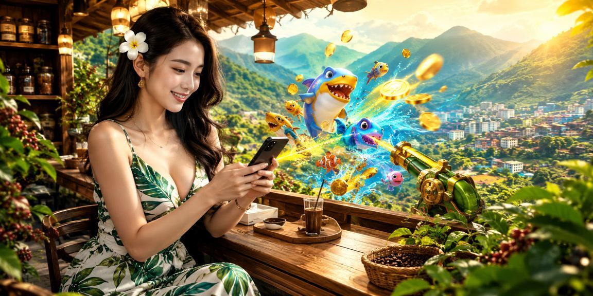 Người dùng Sa Pa chơi game bắn cá trực tuyến tại quán cà phê với khung cảnh núi rừng